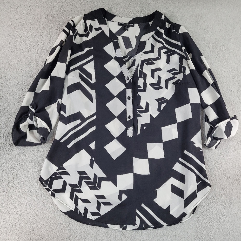 Sara Michelle Black and White Geometric Button Up V Neck Oversized Blouse